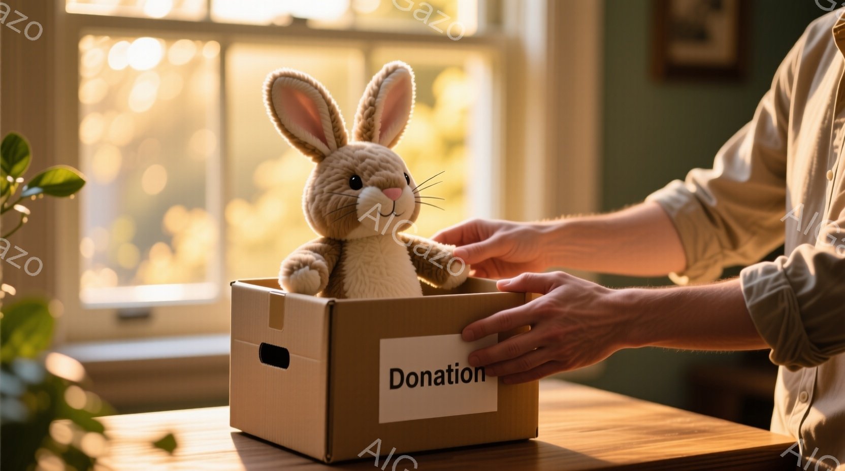 窓から差し込む光が、寄付と書かれた段ボール箱の中のふわふわのウサギのぬいぐるみ照らしている。箱を持つ手はカジュアルなシャツを着ており、背景には緑の植物が見える穏やかな室内空間が広がっている。全体的に、温かく優しい雰囲気で、誰かの善意を表しているように感じられる。