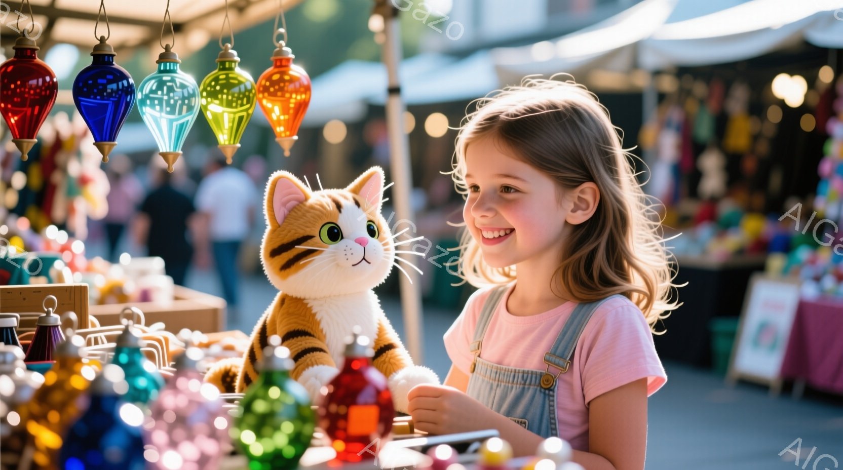 少女はピンク色のTシャツとオーバーオール姿で、手にはオレンジ色の縞模様の猫のぬいぐるみを持っています。彼女は明るく微笑み、ぬいぐるみに視線を向けています。背景には色とりどりのガラス製の装飾品が並び、活気のある市場の様子が伺えます。