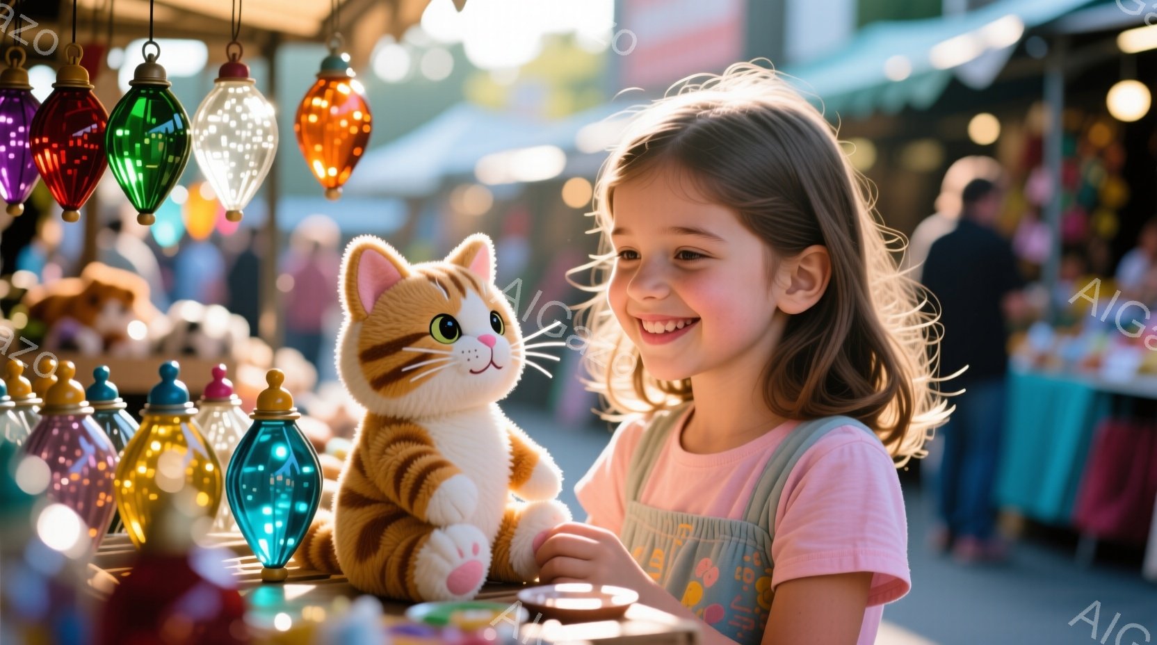 金髪の巻き毛の少女が、明るいピンク色のTシャツと薄い色のオーバーオールを着て、ぬいぐるみのような虎の玩具を抱えています。彼女は幸せそうに微笑み、玩具を見つめており、背景にはカラフルなガラス製のランタンが並び、市場のような賑やかな雰囲気です。全体的に暖かく、楽しい雰囲気を醸し出しています。