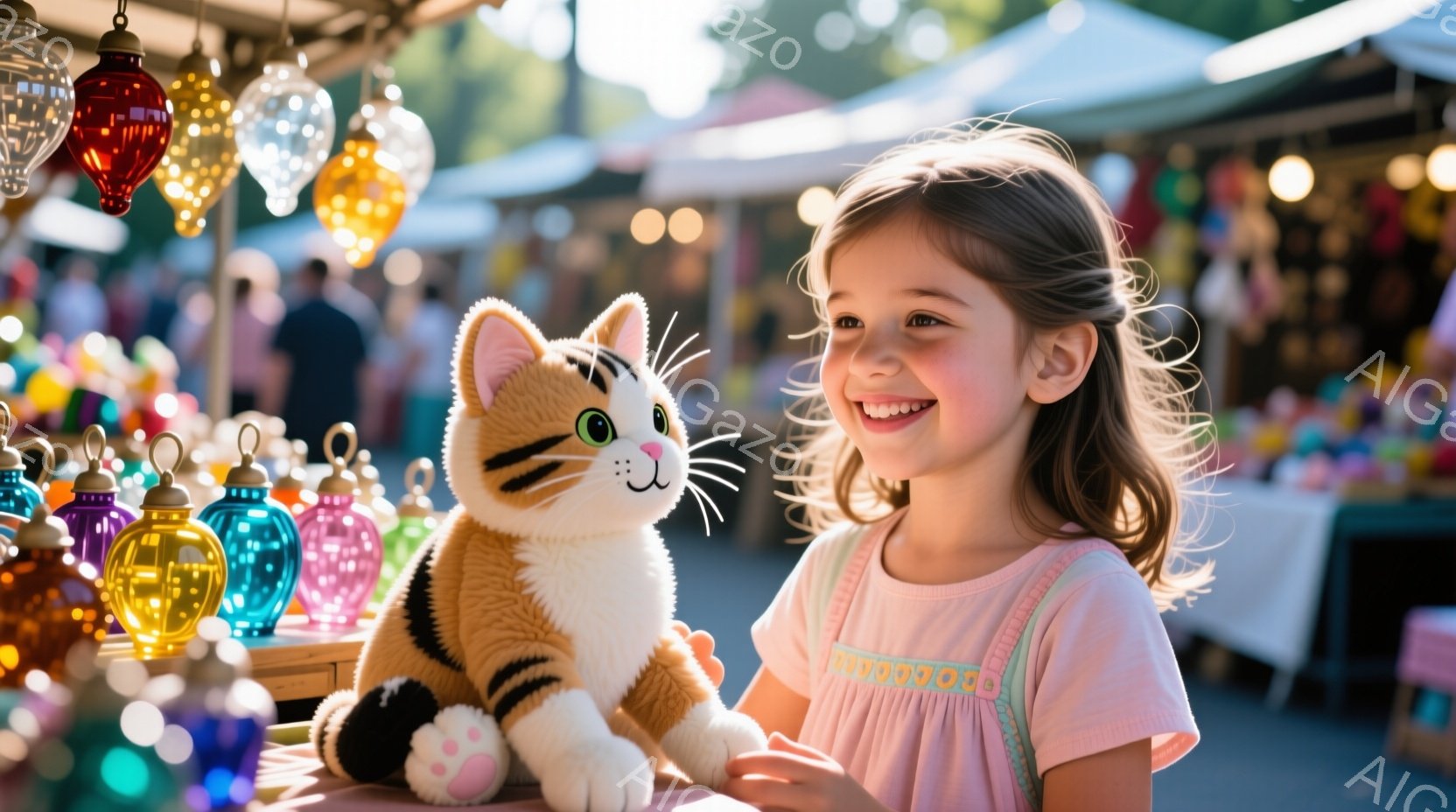 茶色い巻き毛の少女が、大きな虎柄のぬいぐるみと対照的に微笑んでいます。彼女はピンク色のフリル付きのドレスを着ており、背景には色とりどりのガラス製ランタンが並んでいます。全体的に、賑やかで楽しい市場の雰囲気が漂い、晴れた日の光が柔らかく差し込んでいます。
