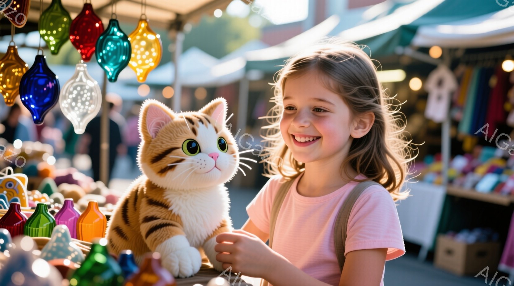 金髪の巻き毛の少女が、虎柄のぬいぐるみを持つ笑顔で写っています。彼女はピンク色のTシャツと肩掛けバッグを着ており、背景にはカラフルなガラス製のオーナメントや、露店の屋根が見えます。全体的に明るく、活気のある市場の雰囲気が漂っています。
