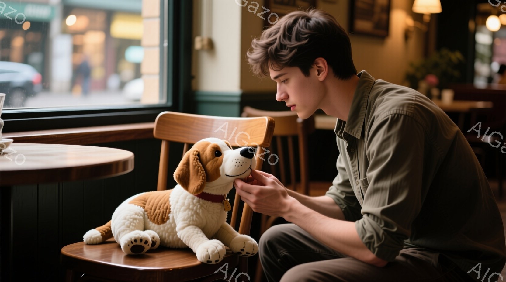 若い男性が椅子に座った犬のぬいぐるみに優しく話しかけている。彼はカーキ色のシャツと濃い色のズボンを着用し、暗めの髪を短く整えている。背景には、窓から見える街並みと、他のテーブルと椅子が見え、店内は暖か - AI生成フリー素材