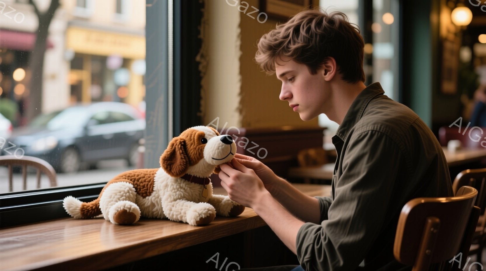 若い男性が窓際のテーブルに座り、茶色のぬいぐるみ犬を優しく見つめている。彼は緑色のシャツを着ており、ダークブラウンの髪は無造作にセットされている。窓の外には街並みがぼやけ、雨が降っているような暗い雰囲気で、全体的に物憂げで内省的な空気が漂っている。