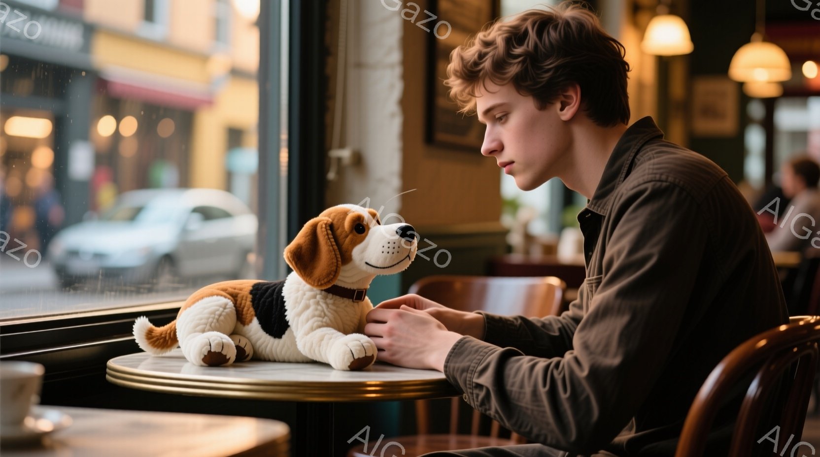 若い男性がカフェの窓際の席に座り、ぬいぐるみのビーグル犬と対面している。彼はダークブラウンのジャケットを着ており、髪は少しカールしている。窓の外は雨が降っており、ぼやけた都市の景色が見える、店内は暖か - AI生成フリー素材