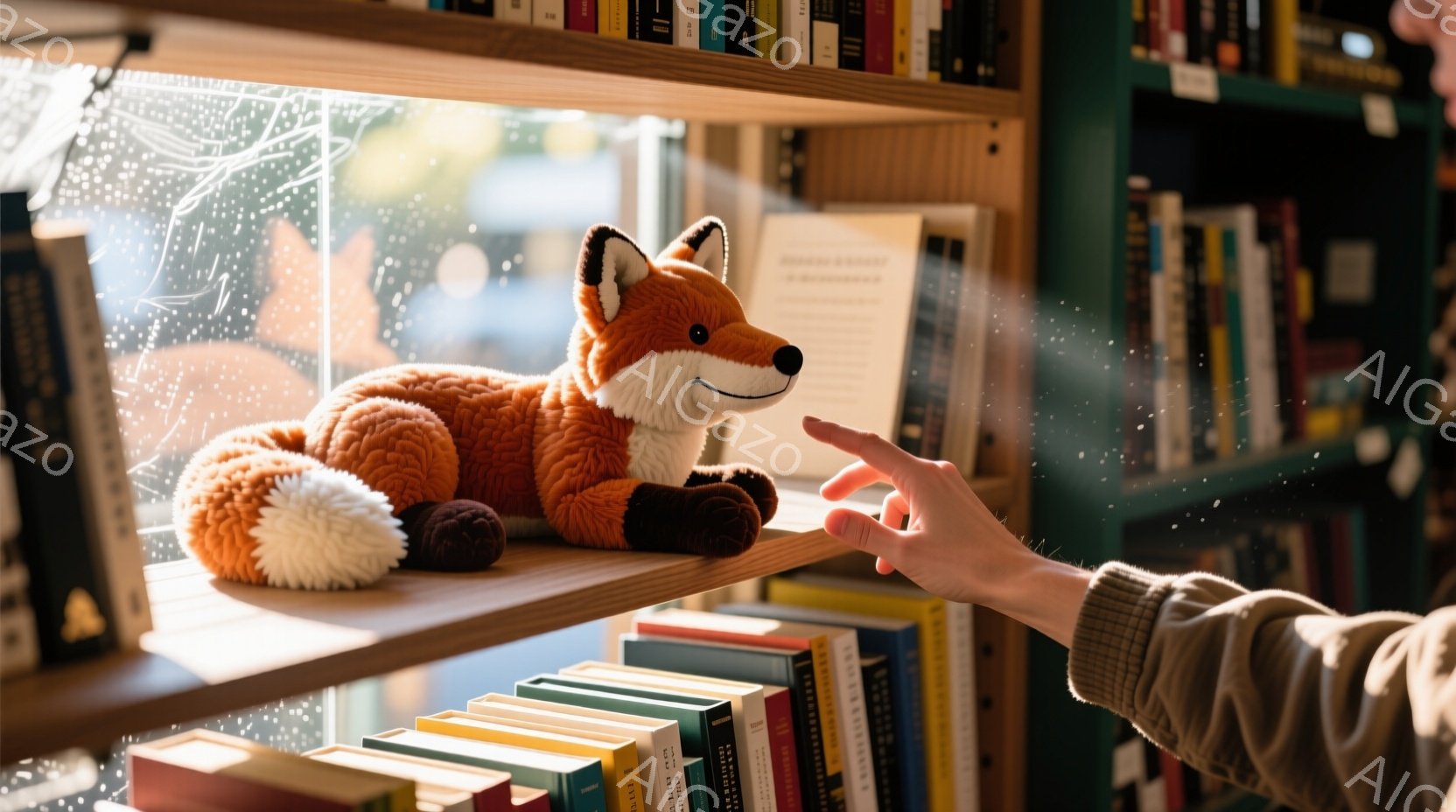 本棚の一角に置かれたオレンジ色のキツネのぬいぐるみと、それを指で軽く触れている人物の手が写っている。ぬいぐるみは横たわっており、背景には様々な色の本がぎっしりと並び、明るい光が差し込んでいる。暖かく穏 - AI生成フリー素材