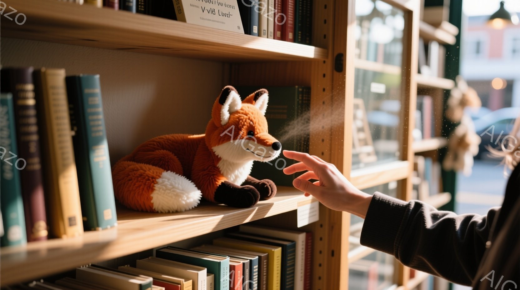 木の棚に置かれたオレンジ色のキツネのぬいぐるみがあり、一人の手がそれを優しく撫でています。背景には、様々な色の本が並び、窓から差し込む光が暖かく、店内の雰囲気は落ち着いていて心地よいです。外は晴天で、窓に映る建物のシルエットが見え、穏やかな一日であることが伺えます。