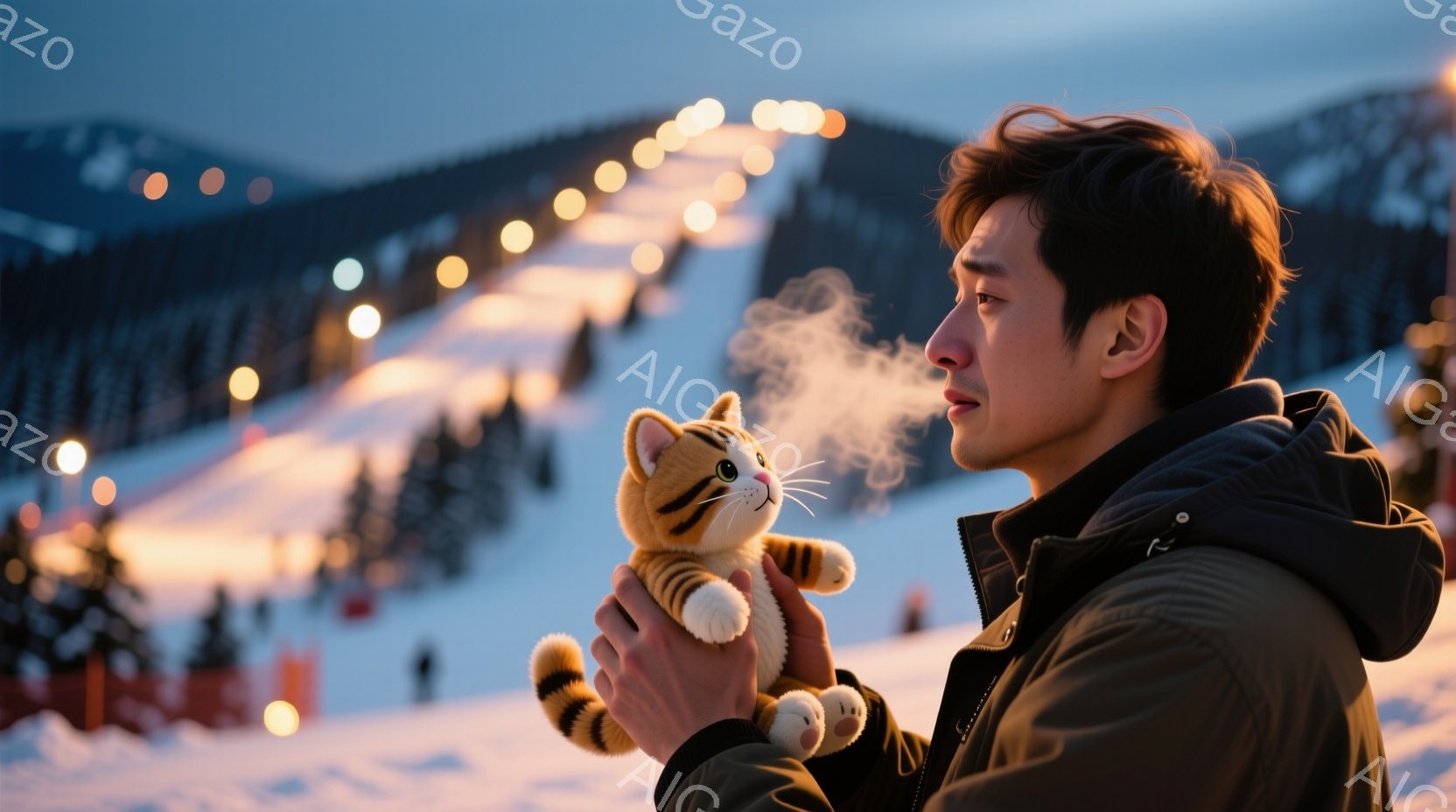 男は冬の雪景色の中で、オレンジ色のジャケットを着て立っています。彼は息を吐き出し、白い息が空中に漂っています。背景には雪に覆われた山々と、輝く光が点在するスキーコースが見え、冬の静かで幻想的な雰囲気を - AI生成フリー素材