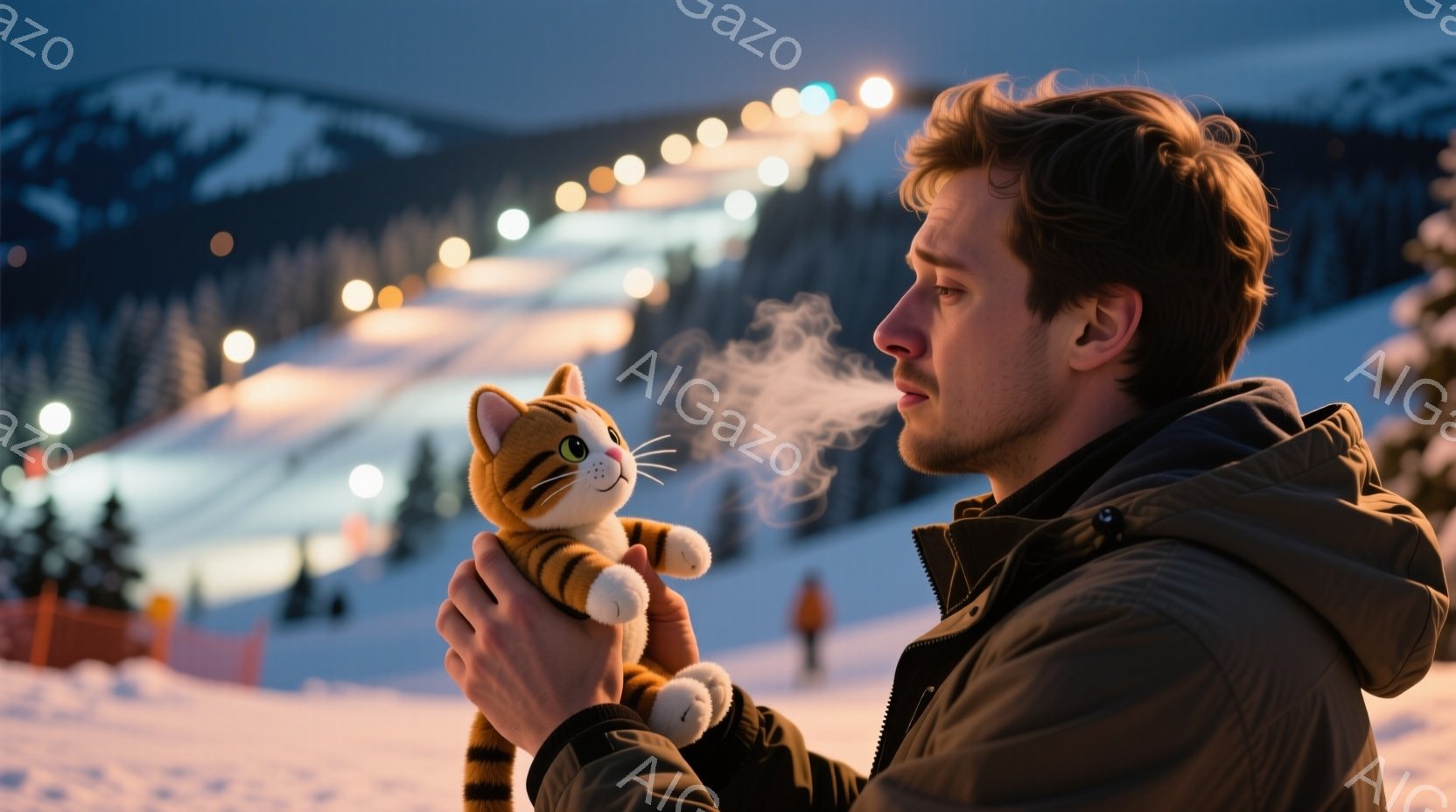 長い茶髪で髭を生やした男性が、雪の中でオレンジ色の縞模様のぬいぐるみ猫を抱きしめています。彼は息を吐いており、白い蒸気が立ち上っています。背景には、ライトアップされたスキーコースと雪山が広がり、冷たい冬の夜の雰囲気が漂っています。