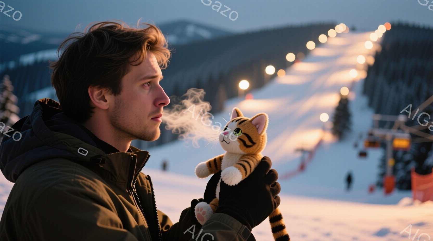 暖炉のような茶色のジャケットを着た若い男性が、雪景色を背景に、手に愛らしい縞模様の猫のぬいぐるみを抱いています。彼は少し微笑み、暖かい息が漂い、穏やかで幸せな雰囲気を醸し出しています。背景には、ライト - AI生成フリー素材