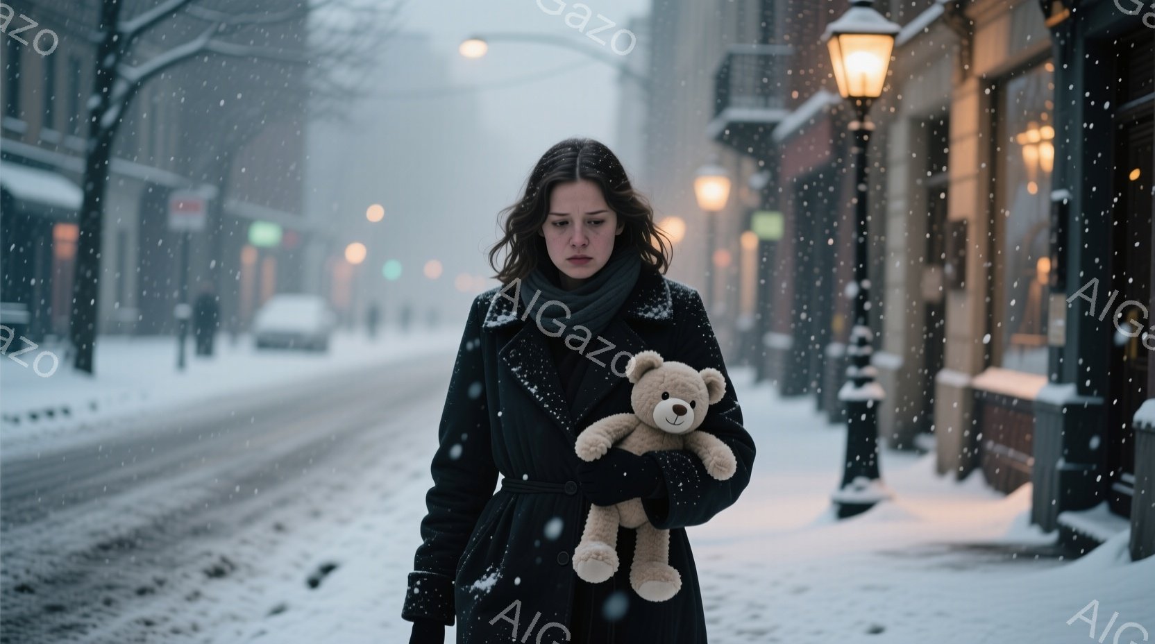 長い黒いコートとマフラーを身につけた女性が、雪が降る街路でテディベアを抱えています。彼女の表情は憂いを帯びており、少しうつむき加減です。背景には古いレンガ造りの建物が並び、雪景色が広がっており、全体的 - AI生成フリー素材