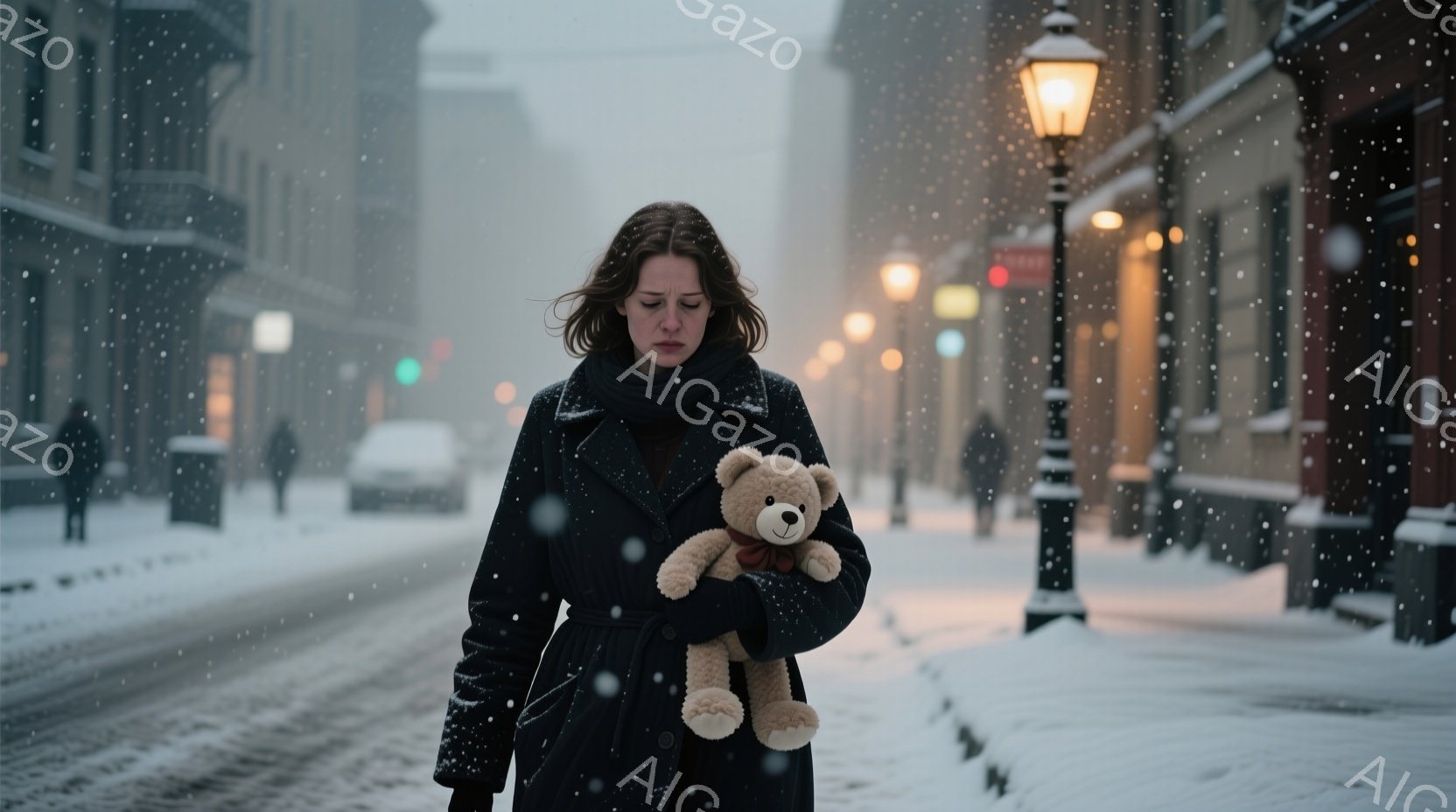 濃い色のコートと黒髪の女性が、雪が降る街路でクマのぬいぐるみを抱えています。彼女は憂鬱そうな表情で、少しうつむき加減の姿勢です。背景には、雪に覆われた建物や街灯がぼんやりと見え、全体的に寂しげで寒々とした雰囲気が漂っています。