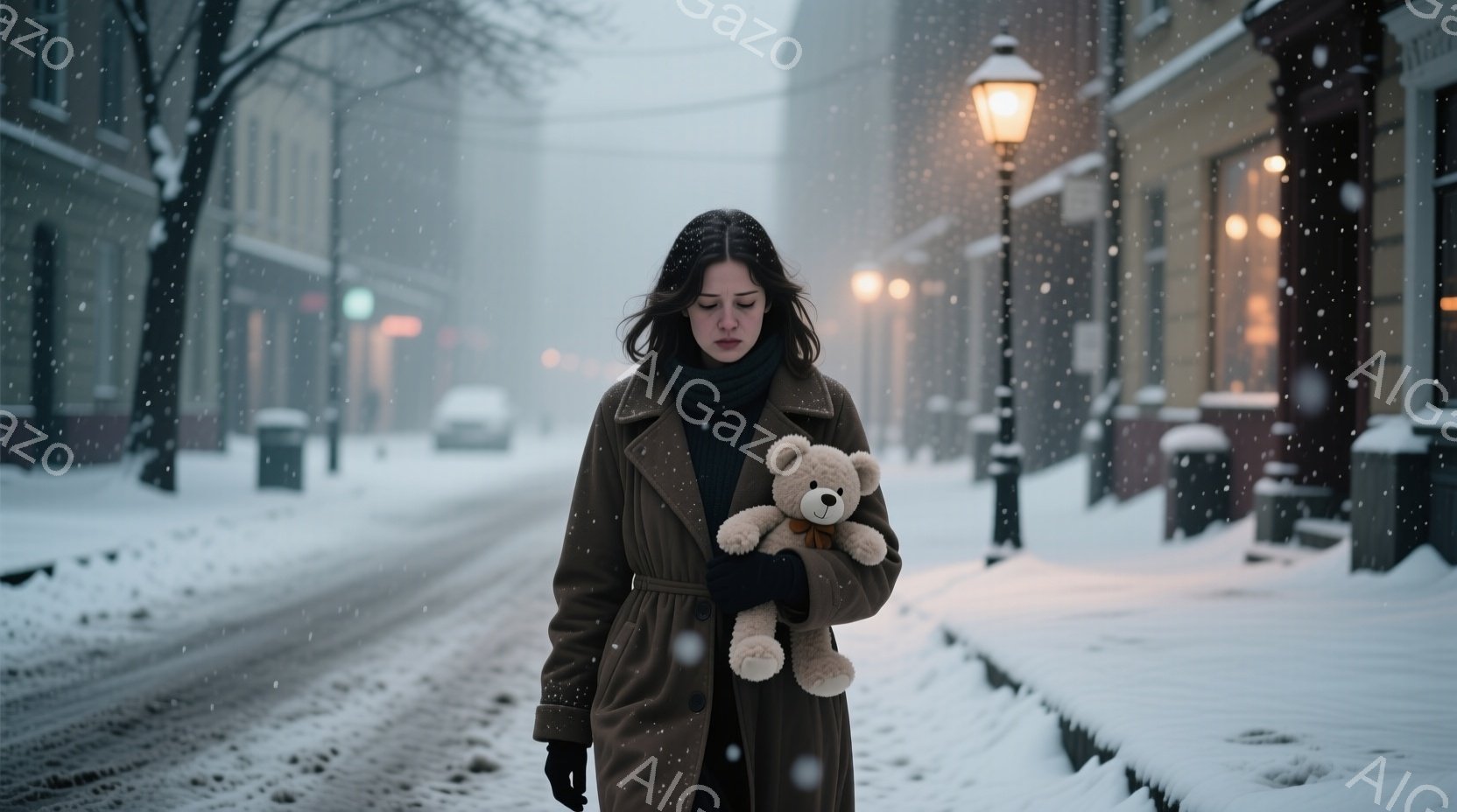 雪が降る街並みを、茶色のコートを着た女性がテディベアを抱えながら歩いている。彼女は黒髪で、少し憂いを帯びた表情をしており、冬の寒さと寂しさを感じさせる。背景には古い建物や街灯があり、全体的に静かで物憂 - AI生成フリー素材