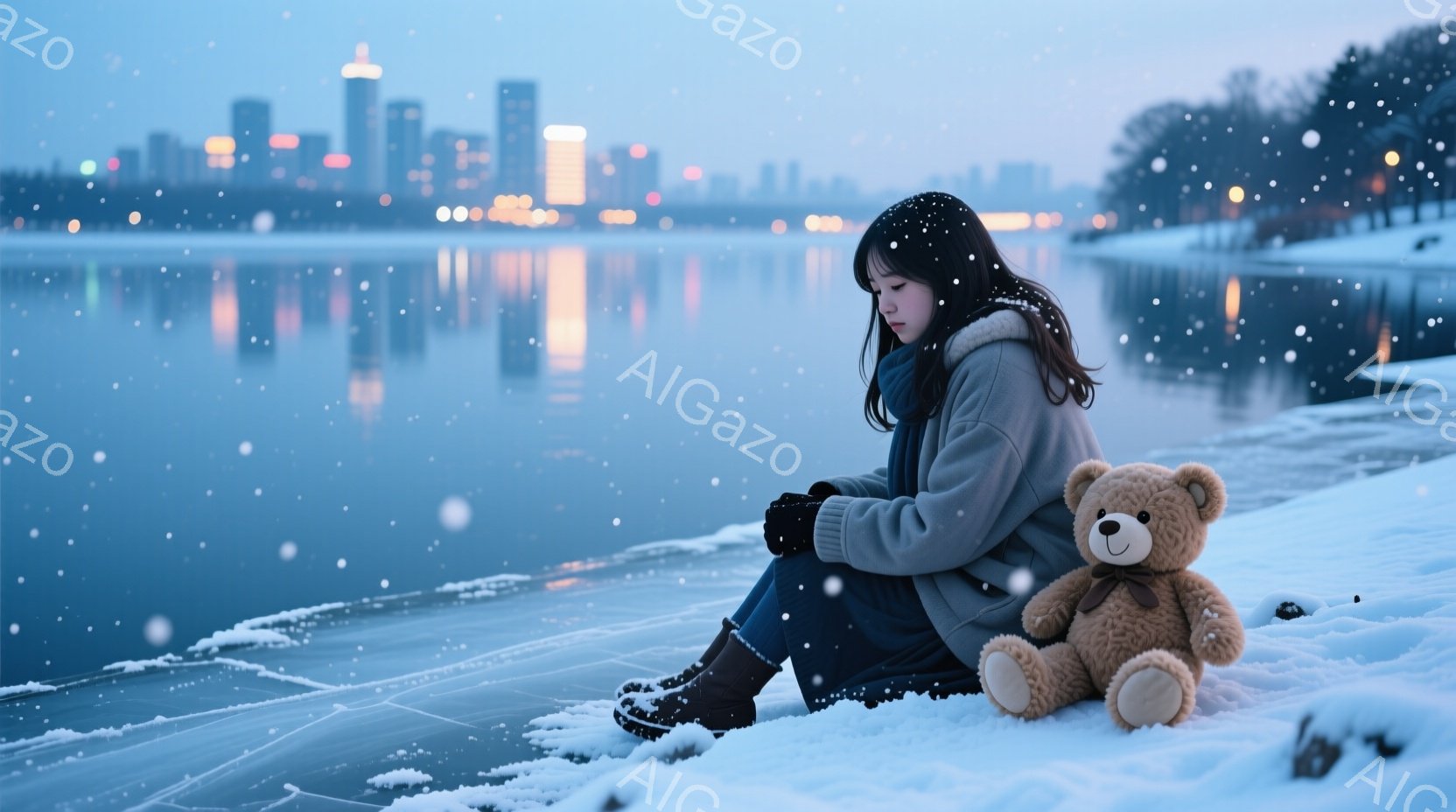 雪が降る冬の日に、若い女性が凍った湖畔に座っています。彼女はベージュ色のコートに黒いズボン、ブーツを履き、長い黒髪を肩から垂らしています。俯いており、表情は少し憂いを帯びており、隣には可愛らしいテディ - AI生成フリー素材