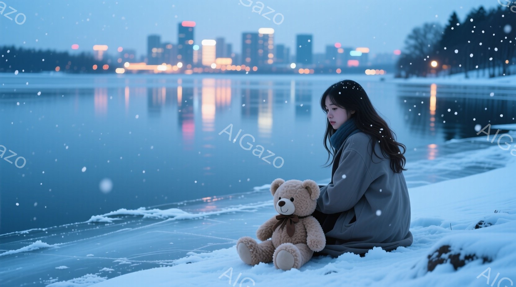長い黒髪の女性が雪の上に座り、茶色のテディベアを抱きしめています。彼女はグレーのコートとマフラーを着ており、少し悲しげな表情をしています。背景には凍った湖と、遠くに見える街の明かりがあり、全体的に静か - AI生成フリー素材