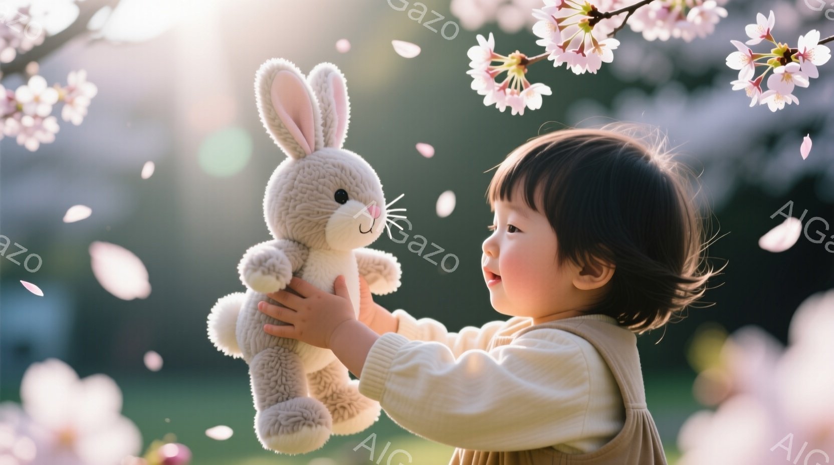 幼い少女が、ふわふわの茶色のウサギのぬいぐるみを持っています。ベージュ色の長袖の服を着ており、黒髪の短い髪型です。背景には桜の花びらが舞い散り、春の穏やかで優しい雰囲気を醸し出しています。 - AI生成フリー素材