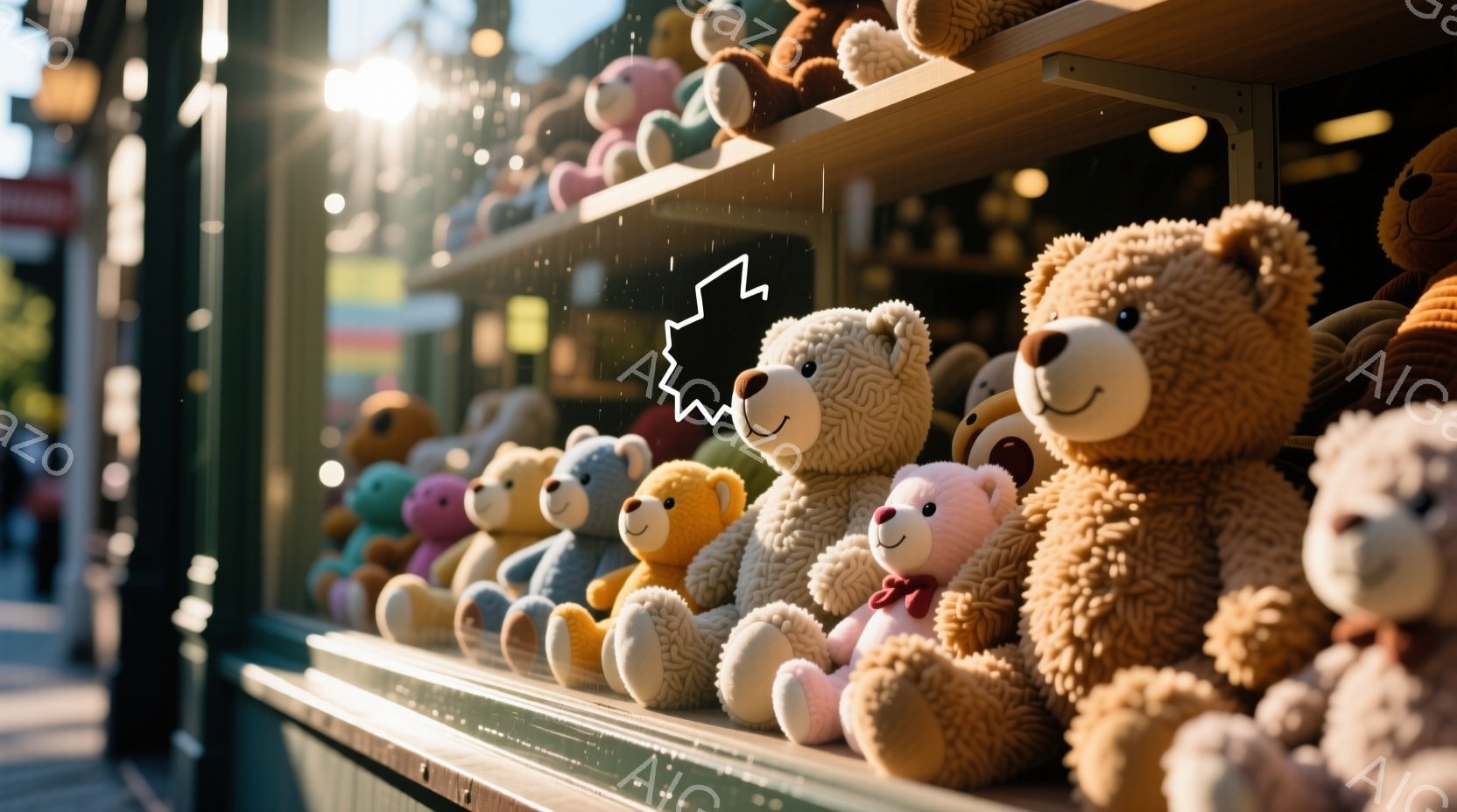 店の棚には、さまざまな色のテディベアが整然と並べられています。各ベアは異なる色の毛並みで、一部は赤いリボンなどのアクセサリーを身につけており、愛らしい表情をしています。背景にはぼやけた街並みが見え、光 - AI生成フリー素材