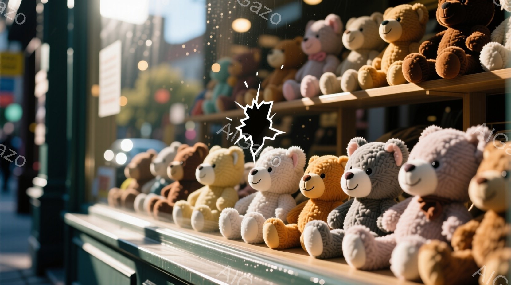 ショーウィンドウに様々な色のテディベアが整然と並べられています。背景にはぼやけた街並みが見え、自然光が差し込み、温かい雰囲気を醸し出しています。テディベアたちは一様に愛らしい表情をしており、柔らかく優しい印象を与えます。