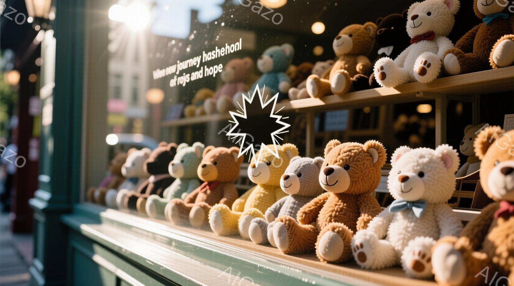 店のショーウィンドウに、様々な色のテディベアが整然と並べられています。一部のベアには青やピンクのリボンが結ばれており、可愛らしい雰囲気を醸し出しています。背景には、ぼやけた街並みが見え、日差しが差し込み、温かく優しい印象を与えます。