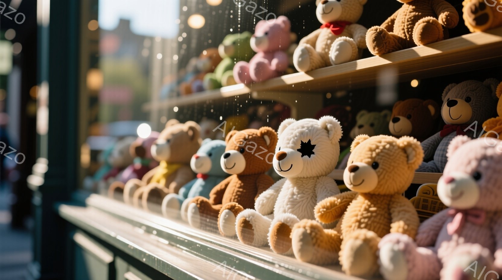 店の棚に並んだ様々な色のテディベアが写っている。ベアたちはそれぞれ異なる色合いの毛並みを持ち、可愛らしい表情で座っている。背景にはぼやけた街並みが確認でき、暖かく、遊び心のある雰囲気が漂っている。