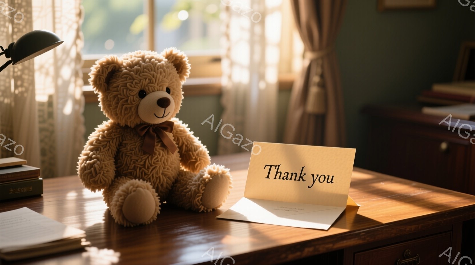 濃い茶色のテディベアが木の机の上に座っており、赤いリボンを首に巻いています。机の上には、メッセージが書かれたオフホワイトのカードと、古びた装丁の書籍がいくつか置かれています。背景には木製の家具と、窓から差し込む穏やかな光があり、全体的に温かくノスタルジックな雰囲気を醸し出しています。