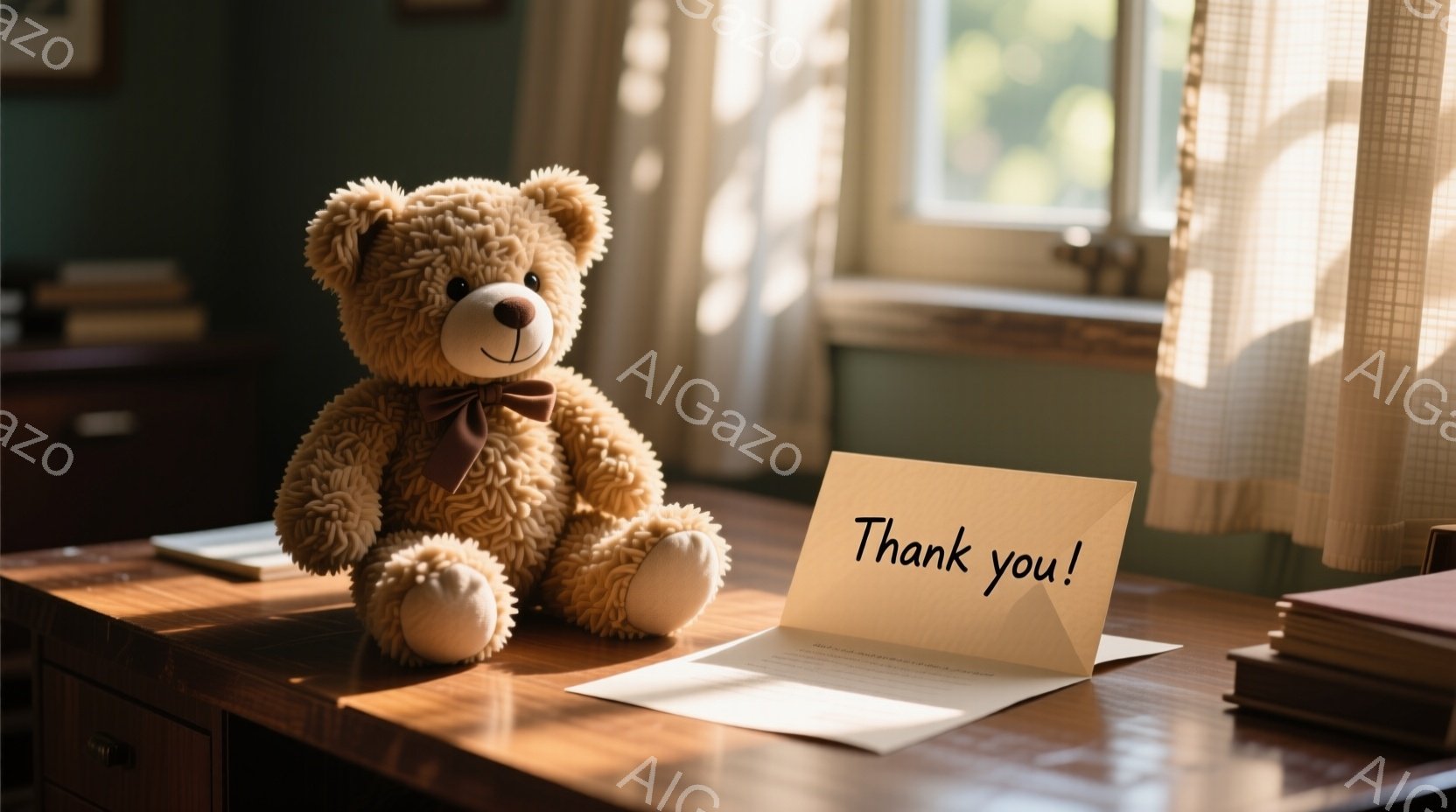 温かみのある茶色のテディベアが木の机の上に座っており、赤いリボンが首に結ばれています。机の上には、メッセージが書かれた薄茶色の封筒が開いて置かれています。背景には引き出しと本が積み重ねられ、窓から差し込む柔らかな光が暖かく穏やかな雰囲気を醸し出しています。