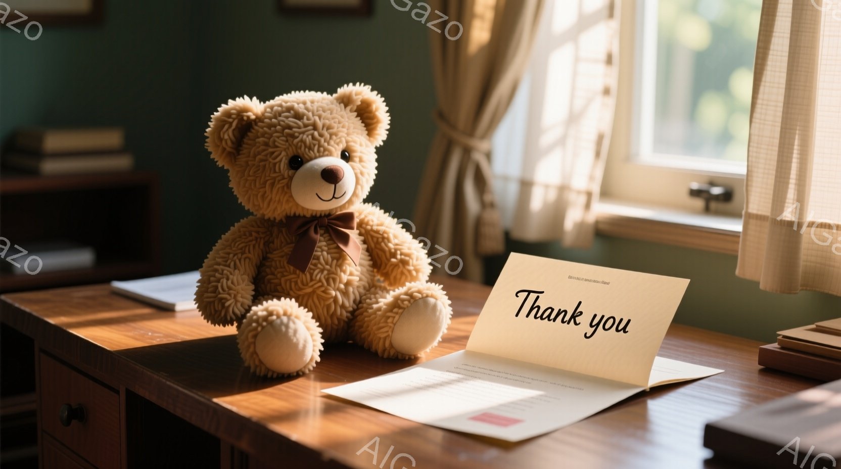 濃い木製の机の上に、茶色のテディベアが座っており、赤いリボンを首に巻いています。背景には、ぼやけた本棚と、日差しが差し込む窓が見え、暖かく穏やかな雰囲気を醸し出しています。机の上には、開いた白いカードがあり、「Thank you」という文字が書かれています。