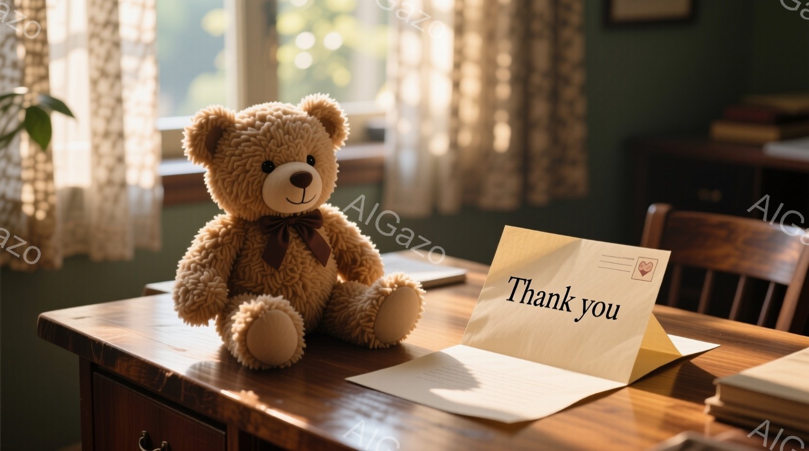 温かみのある木製のテーブルの上に、茶色のテディベアが座っています。ベアは赤いリボンで結ばれており、優しい表情をしています。背景には、木製の椅子や本、そしてぼやけた緑の植物が見え、全体的に穏やかで優しい - AI生成フリー素材