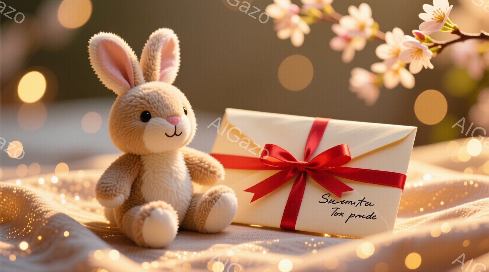 ぬいぐるみは明るい茶色の毛並みで、大きな耳と愛らしい表情をしています。贈答品のように見える白い箱が赤いリボンで飾られ、ぬいぐるみの隣に置かれています。背景はぼやけた光の粒子と桜の花びらが舞う様子で、暖 - AI生成フリー素材
