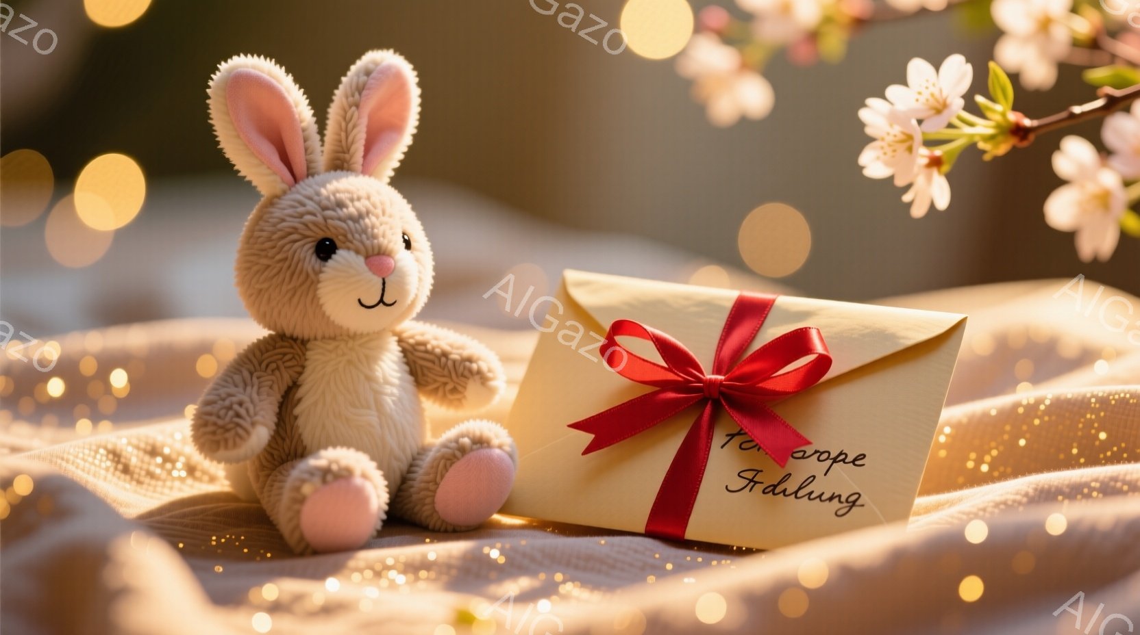 柔らかいベージュ色のウサギのぬいぐるみと、赤いリボンで結ばれたクリーム色の封筒が、柔らかい布の上に置かれています。背景には、ぼやけた桜の花と暖色系の光のボケが散りばめられ、春の穏やかな雰囲気を醸し出しています。全体的に、暖かく、優しい印象を受ける写真です。
