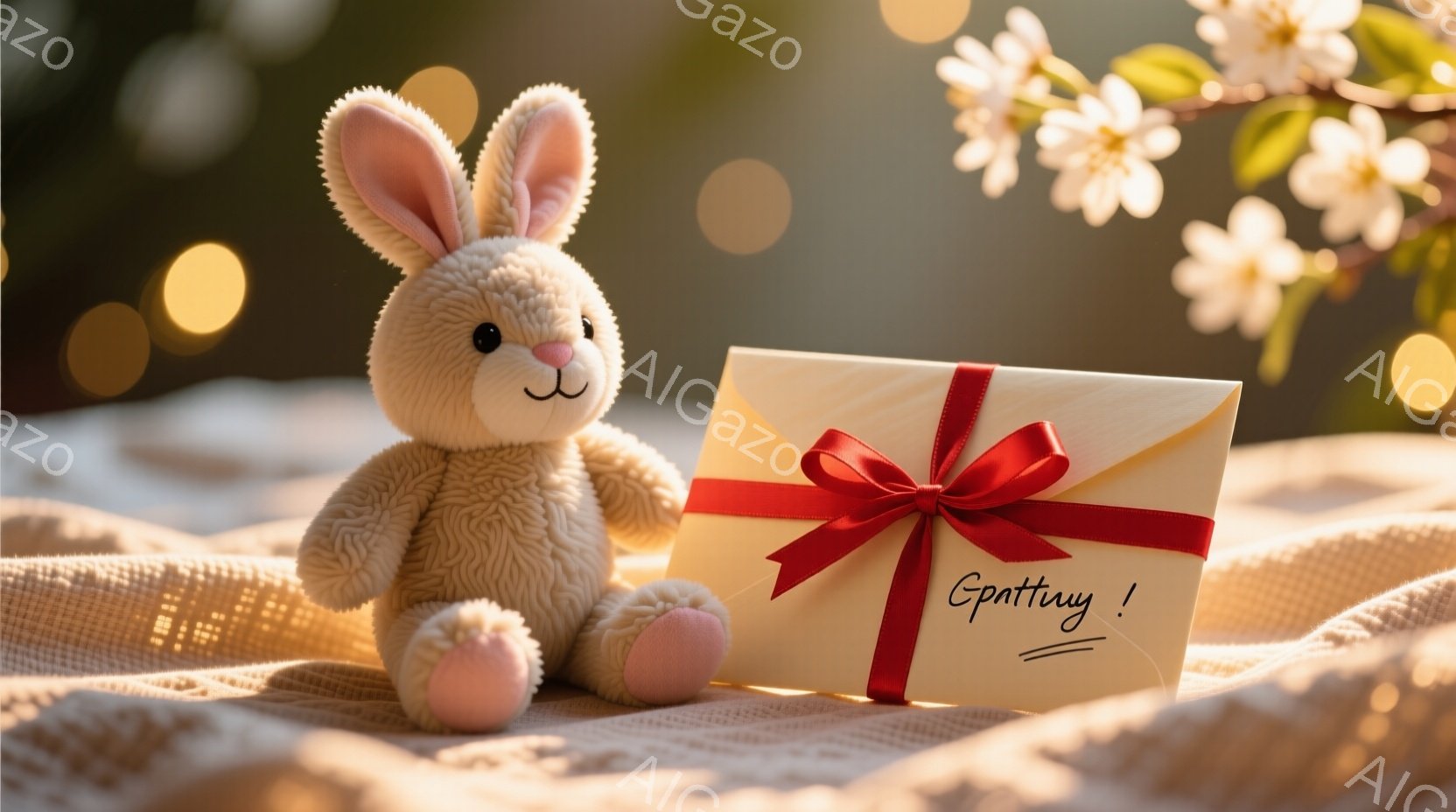 ふわふわのベージュ色のウサギのぬいぐるみは、薄いピンク色の足と耳を持っており、優しい表情をしています。その隣には赤いリボンで飾られた白いギフトボックスが置かれており、プレゼントの準備ができている様子が - AI生成フリー素材