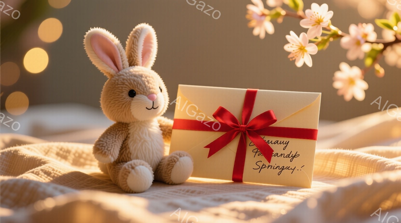 柔らかいクリーム色の毛並みを持つ、小さなウサギのぬいぐるみと、赤いリボンで結ばれた白いギフトボックスが写っています。ウサギはギフトボックスの隣に座り、優しい表情でこちらを見ているようです。背景にはぼやけた桜の花と、暖かい光のぼかしがあり、全体的に穏やかで春らしい雰囲気を醸し出しています。