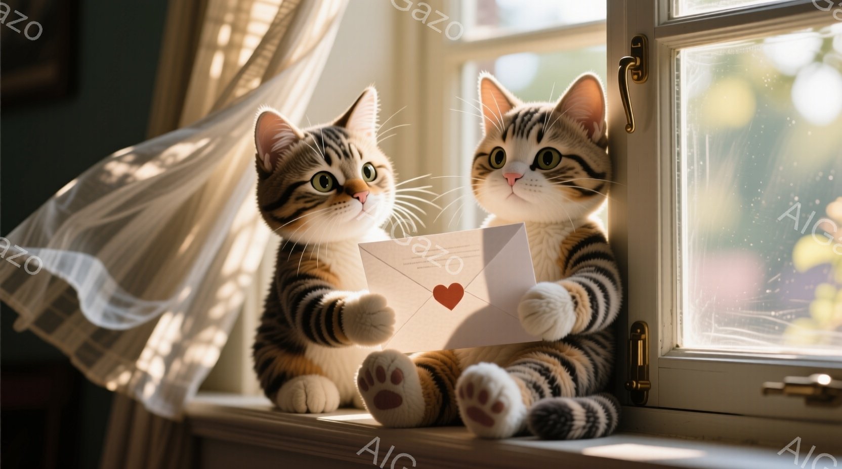 白い窓枠に座った縞模様の猫が、ハートが描かれた封筒を両手で抱えています。猫は少し上目遣いで、明るく微笑んでいるように見え、その姿はとても愛らしいです。背景にはレースのカーテンと窓の外の明るい光があり、全体的に温かく優しい雰囲気を醸し出しています。