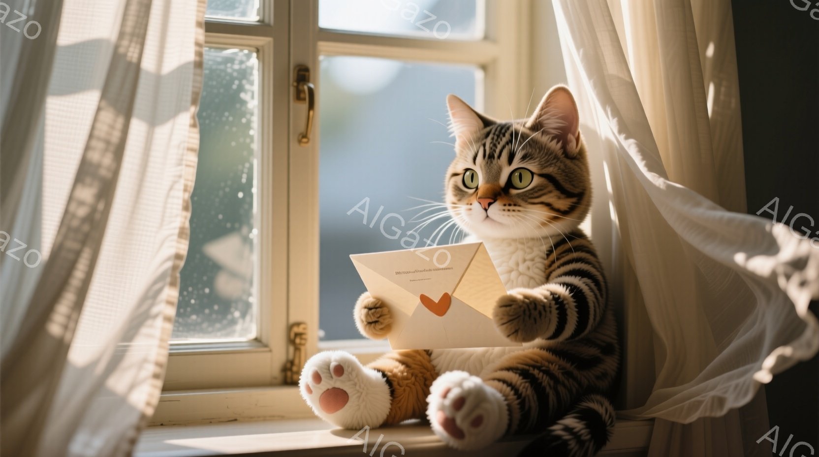 茶トラ猫が窓辺に座り、前足でハートの形をした手紙のようなものを抱えています。猫はリラックスした表情で、白い背景のレースのカーテンと明るい光が暖かく、穏やかな雰囲気を醸し出しています。背景にはぼやけた窓の外の景色が見え、全体的に可愛らしく、優しい印象を与えます。