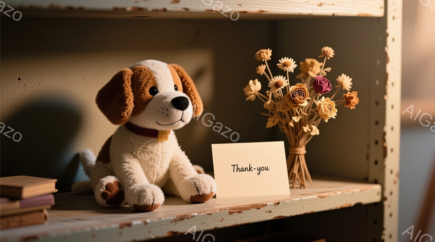 古びた棚の上に、ふわふわの犬のぬいぐるみと、手書きの「Thank you」と書かれたカードが置かれています。犬のぬいぐるみは茶色と白の毛並みで、穏やかな表情をしています。背景はぼやけており、暖色系の照明で照らされ、全体的に温かく優しい雰囲気を醸し出しています。