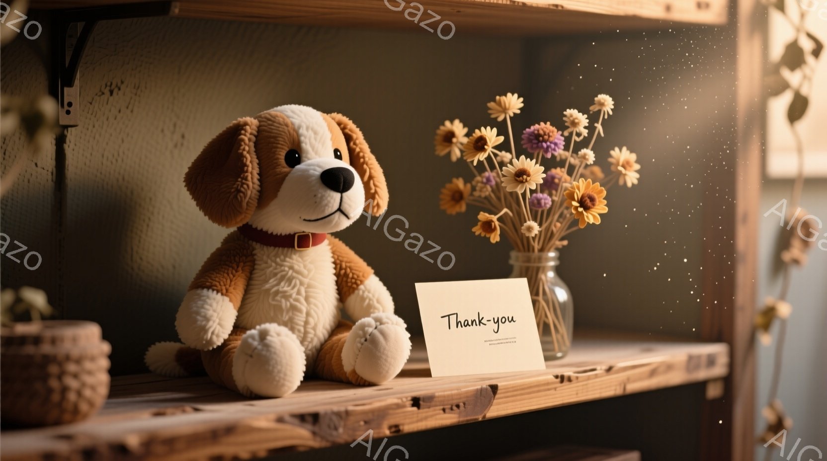 茶色と白の毛並みを持つ犬のぬいぐるみは、棚の上に座っており、赤い首輪をつけています。隣には乾燥した花が飾られた瓶があり、棚の上には小さな編み物のバスケットも見えます。全体的に温かみのある雰囲気で、感謝のメッセージカードが添えられています。