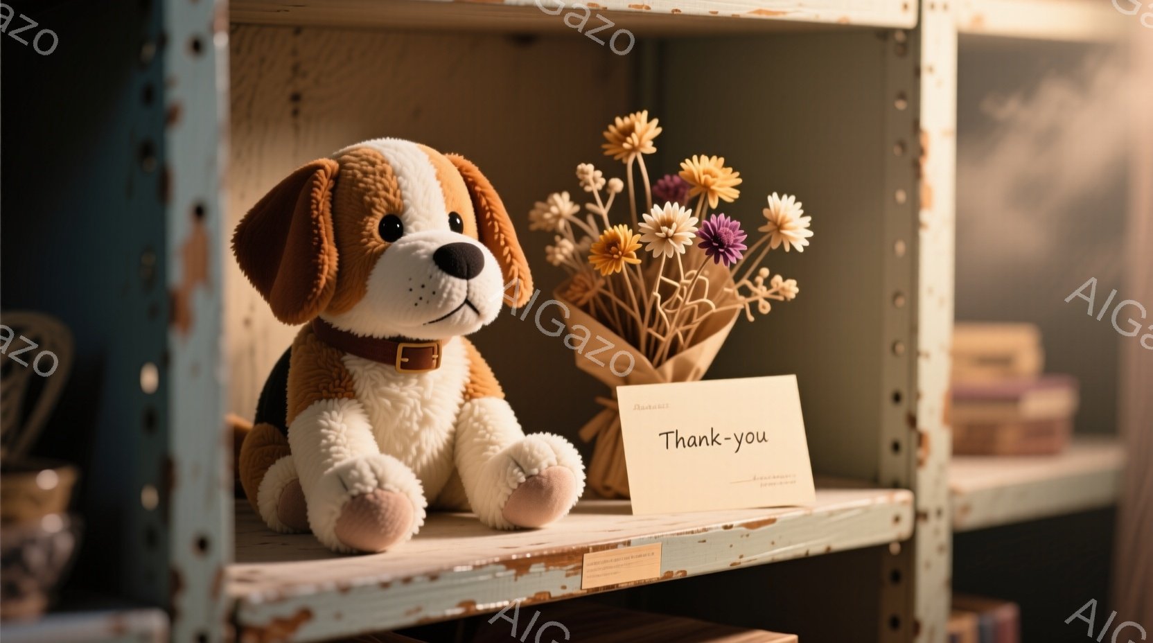 ぬいぐるみ犬が棚の上に座っており、茶色と白の毛並みが特徴的で、優しい表情をしています。背景には、ドライフラワーが束ねられた花瓶と「Thank You」と書かれたカードが置かれ、全体的に暖かく、優しい雰囲気が漂っています。青緑色の金属製の棚は少し古びた印象で、レトロな雰囲気を醸し出しています。