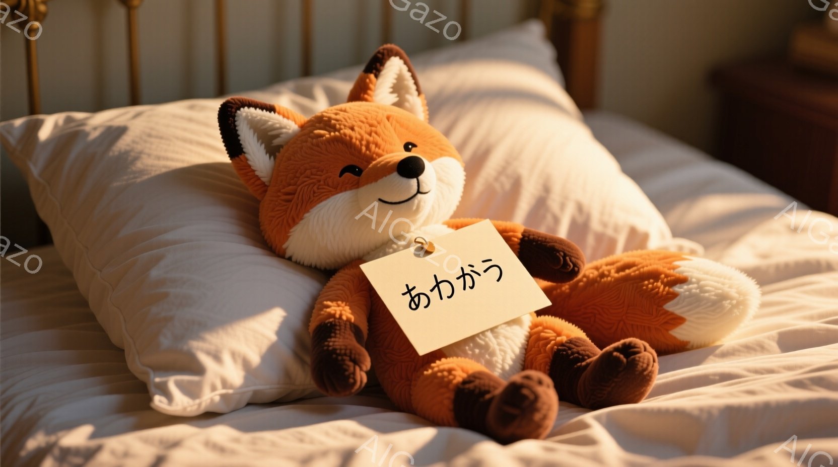 鮮やかなオレンジ色の毛並みを持つ、座った状態のぬいぐるみキツネが、白い枕の上に置かれています。キツネは少し微笑んでおり、首に小さなタグがついています。背景はぼやけていますが、ベッドルームの一部であることはわかり、全体的に温かく優しい雰囲気が漂っています。