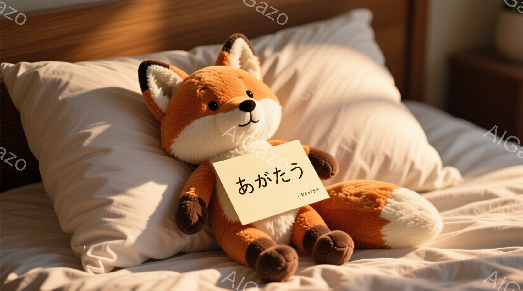 ふわふわしたオレンジ色の狐のぬいぐるみは、白い枕の上に座っています。ぬいぐるみの前には、「ありがとう」と書かれた白いメモが置かれており、優しく感謝の気持ちを伝えているようです。背景は明るい日差しが差し込むベッドルームで、暖かく穏やかな雰囲気が漂っています。