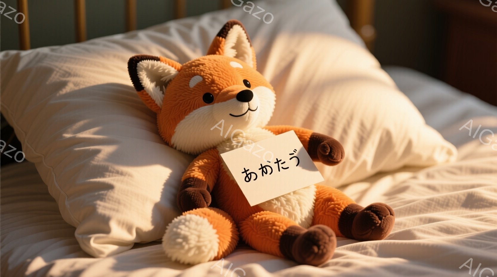 明るいオレンジ色の毛並みを持つ、愛らしいキツネのぬいぐるみです。白くふわふわとしたお腹と内耳を持ち、茶色の足と尻尾が特徴的です。ぬいぐるみは白い枕の上に座り、小さな白い紙切れを両手で抱えています。