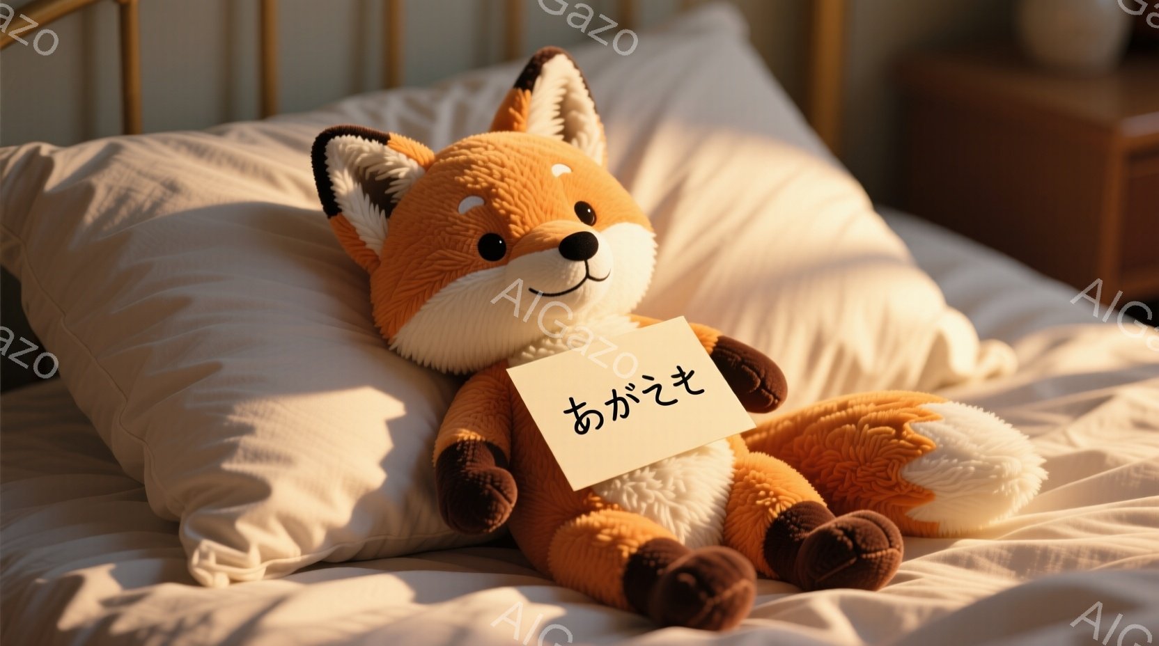 枕の上に座っている、ふわふわのオレンジ色の狐のぬいぐるみです。柔らかい表情で、片方の足を曲げてリラックスした姿勢をしています。背景には、木製のベッドフレームと、ぼやけたテーブルが見え、全体的に暖かく穏やかな雰囲気が漂っています。