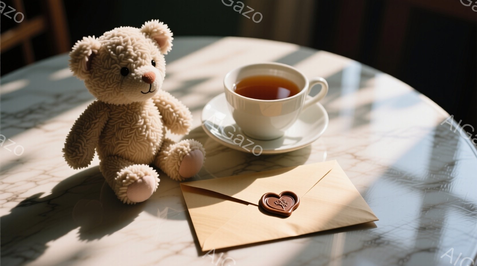 白く大理石のようなテーブルの上に、クリーム色のテディベア、茶色の液体が入った白磁のカップ、そして封蝋で閉じられた封筒が置かれています。テディベアはピンク色の足を持ち、穏やかな表情をしています。テーブル上には太陽の光が差し込み、暖かく穏やかな雰囲気を作り出しています。