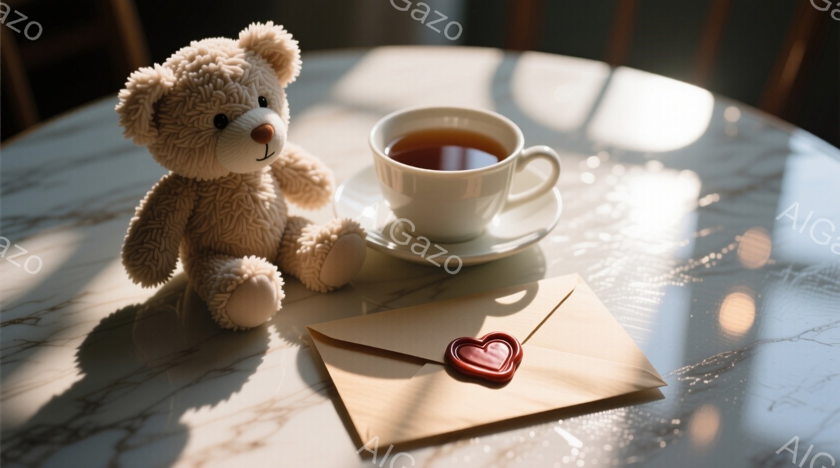 白い大理石のようなテーブルの上に、ふわふわのテディベア、温かいお茶が入った白いカップとソーサー、そして封蝋で封がされた手紙が置かれています。光がテーブル上に差し込み、影を作り出し、穏やかで優しい雰囲気 - AI生成フリー素材