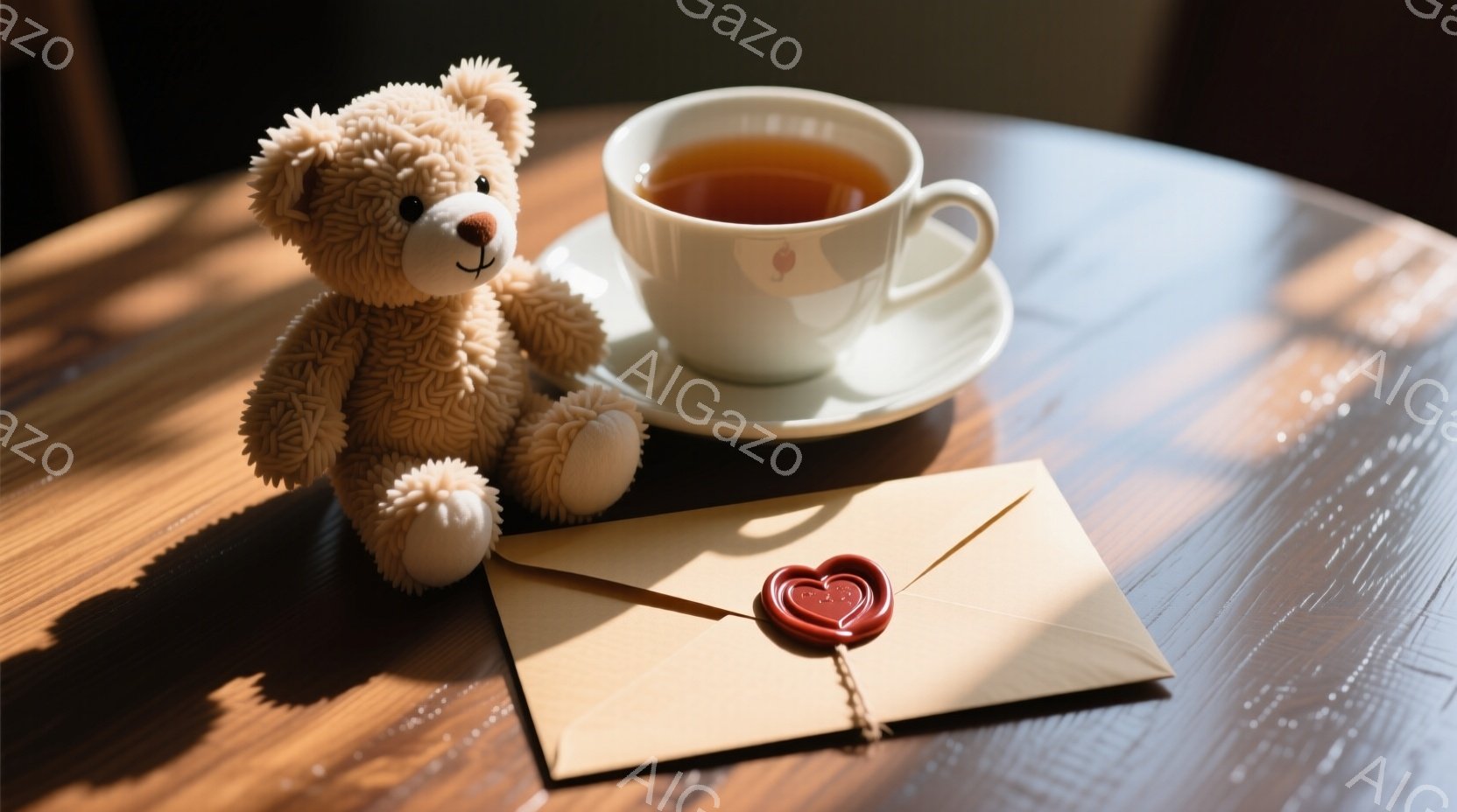 温かい色の木製テーブルの上に、小さなテディベア、カップに入ったお茶、封蝋で封された手紙が並んでいます。テディベアはふわふわの毛並みで、穏やかな表情をしています。全体的に、暖かく、落ち着いた雰囲気で、手 - AI生成フリー素材