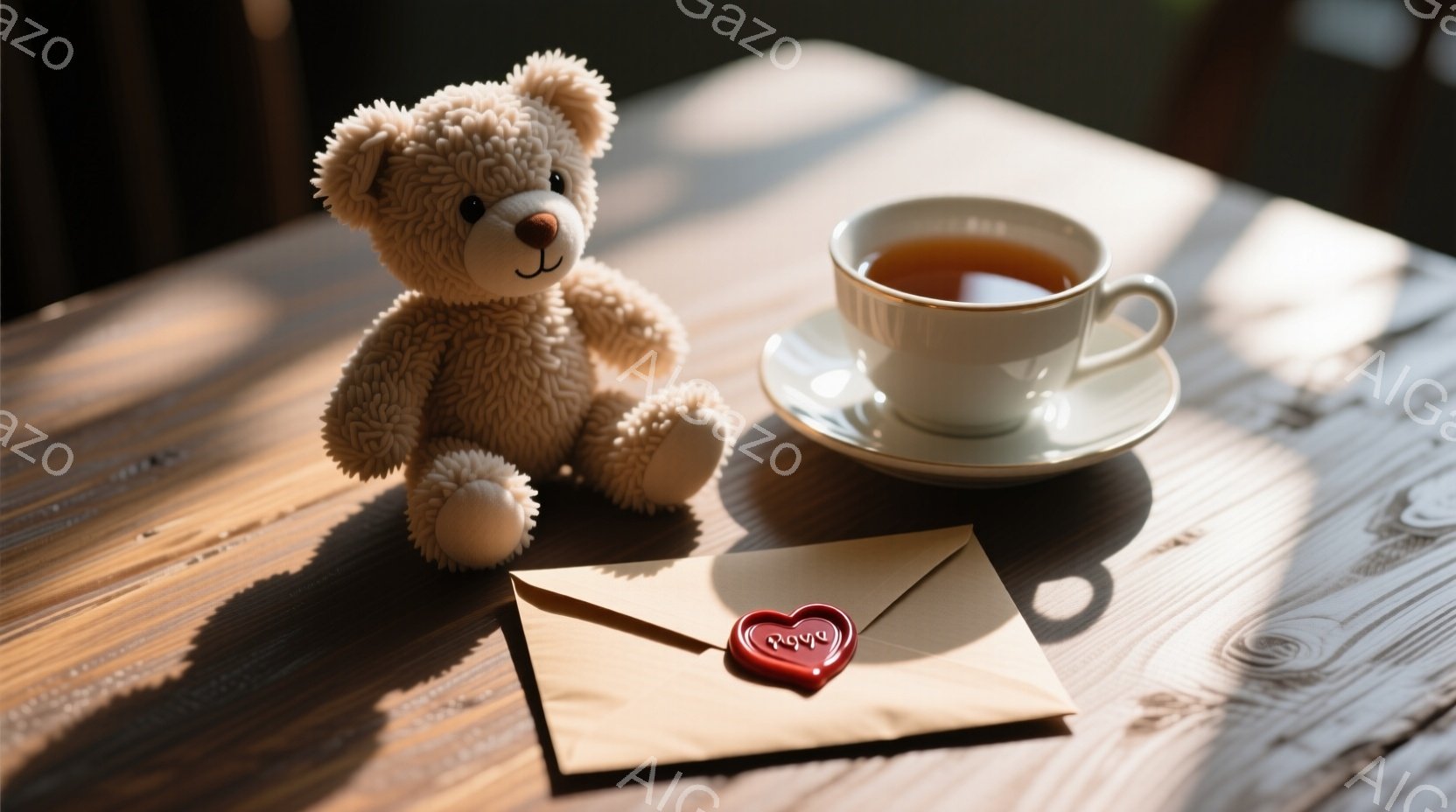 木目調のテーブルの上に、可愛らしいテディベア、一杯の温かいお茶、そして封蝋で封がされた手紙が並んでいます。テディベアは明るい茶色で、少し影が落ちています。全体的に温かく、落ち着いた雰囲気で、手紙から何かのメッセージが伝わってくるようです。
