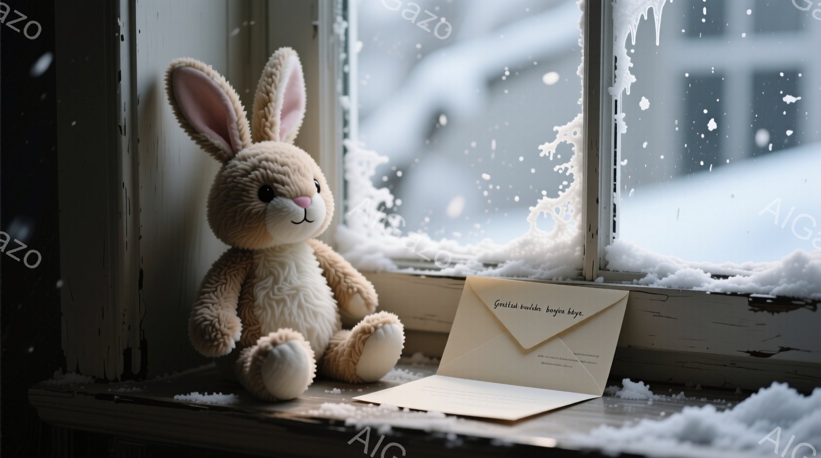 ふわふわの茶色のうさぎのぬいぐるみは、雪が積もった窓辺に座っています。隣には、封筒に入った白い紙が置かれており、手紙やメッセージが込められていることを暗示しています。背景は雪景色で、冬の静かで穏やかな雰囲気を醸し出しています。