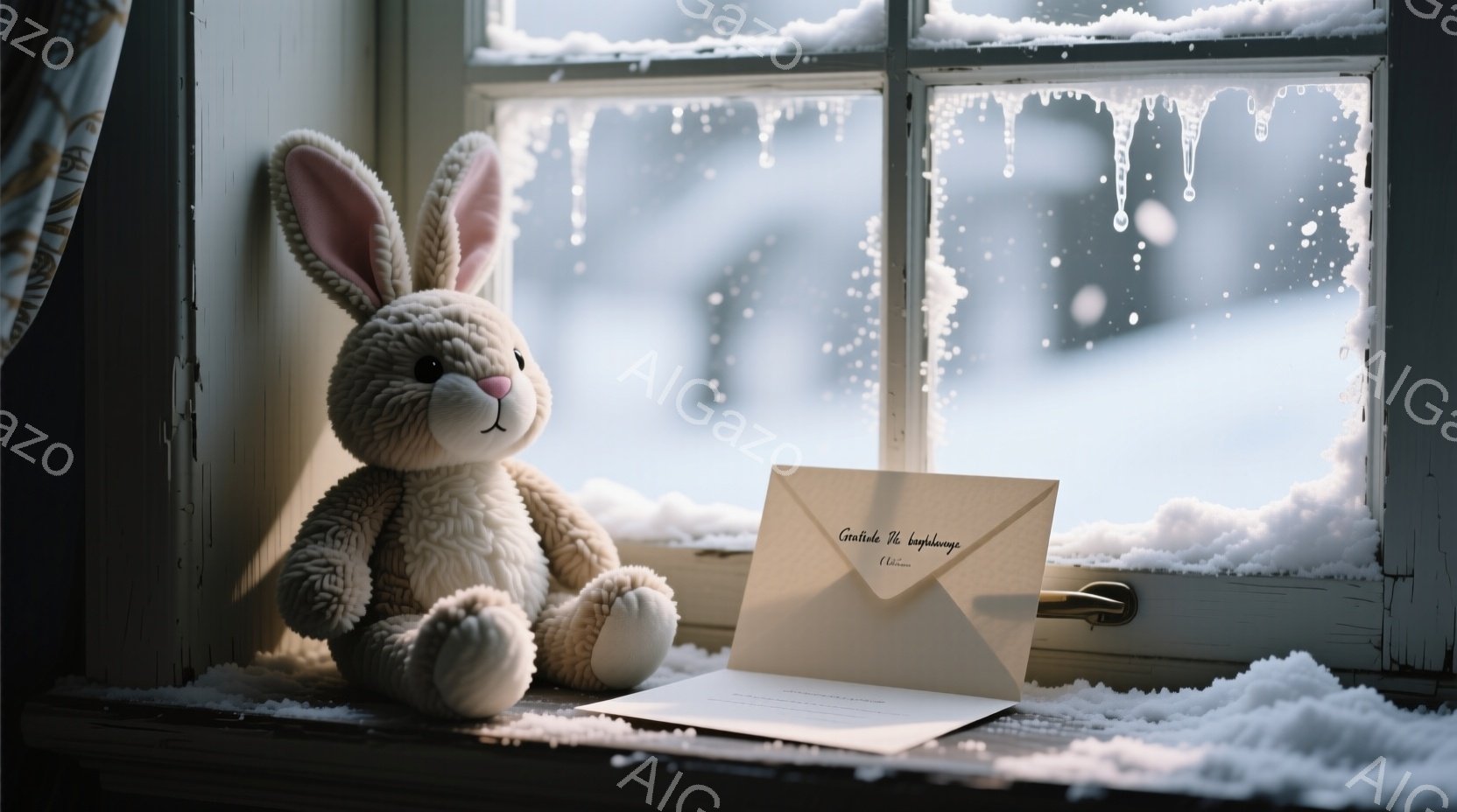 白い窓枠に、ふわふわのクリーム色のウサギのぬいぐるみがお座りになっている。背景は雪が降る冬の風景で、窓ガラスには雪と霜が張り付き、視界をぼやけている。全体的に暖かく、静かで、冬の日の穏やかな雰囲気が漂 - AI生成フリー素材