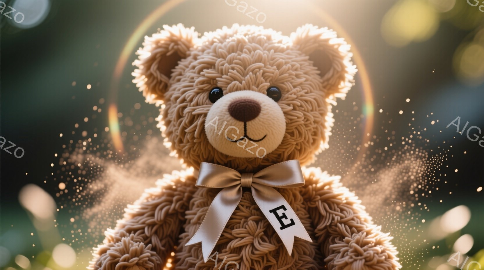 ふわふわの茶色のテディベアが、首に白いリボンをつけて正面を見つめている。背景はぼやけた緑と金色の光の粒子で、幻想的な雰囲気を醸し出している。全体的に暖かく、優しげな印象を与える画像である。