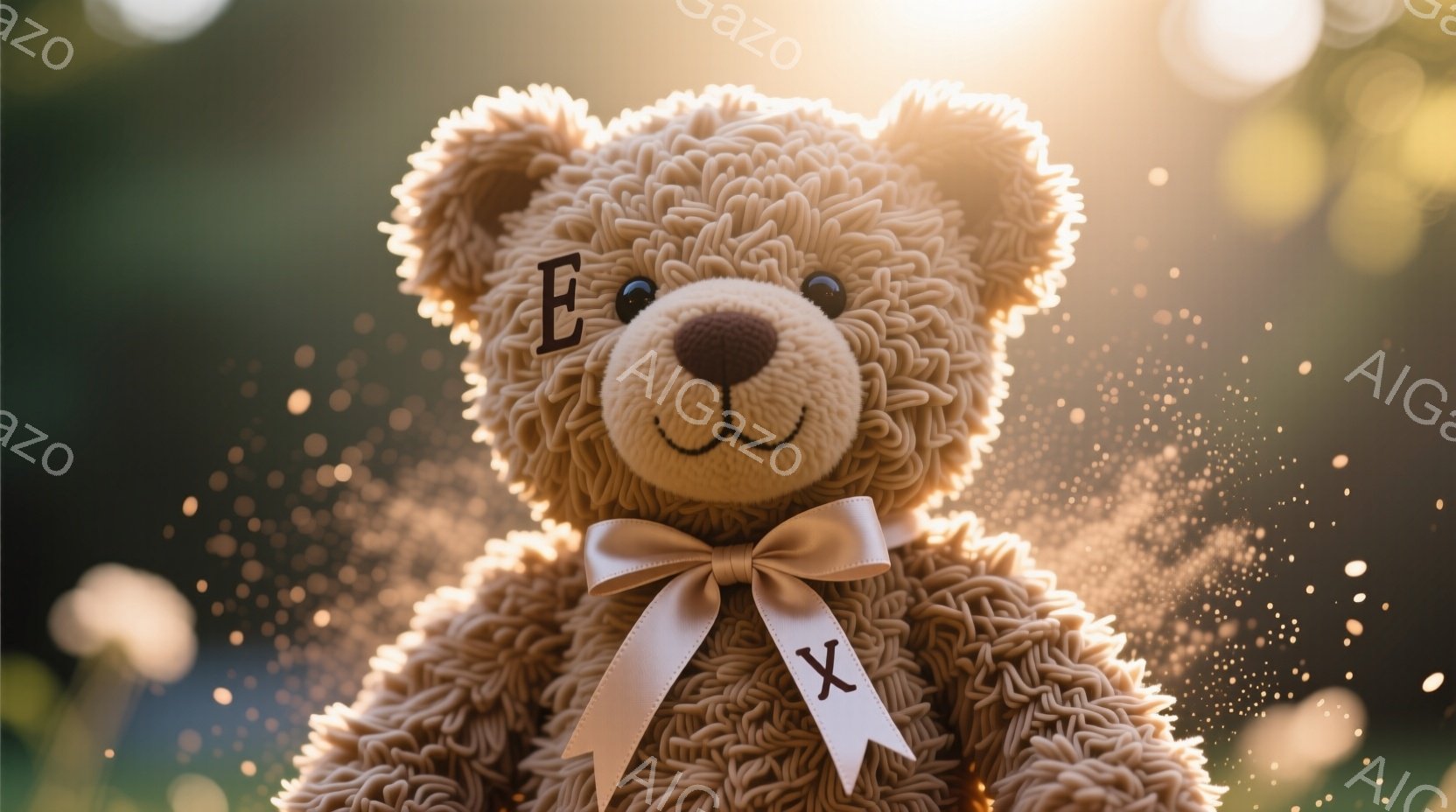 柔らかい茶色のテディベアが、首に白いリボンをつけて正面を見つめている。背景はぼやけた緑と光の粒で、暖かく優しい雰囲気を醸し出している。全体的に、夢見がちな、牧歌的な印象を与える写真だ。
