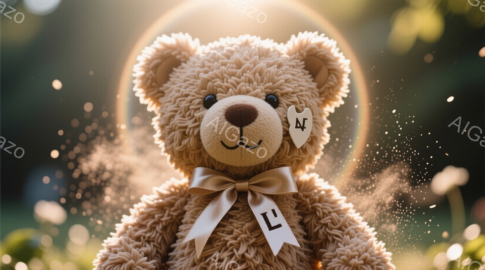 ふわふわの茶色のテディベアが、首に薄茶色のリボンと、白いタグをつけて正面を見つめている。背景はぼやけた緑の植物と、光の粒子が舞う暖かく柔らかな光に包まれており、おとぎ話のような雰囲気を作り出している。全体的に、愛らしく、穏やかで、優しい気持ちになる画像である。