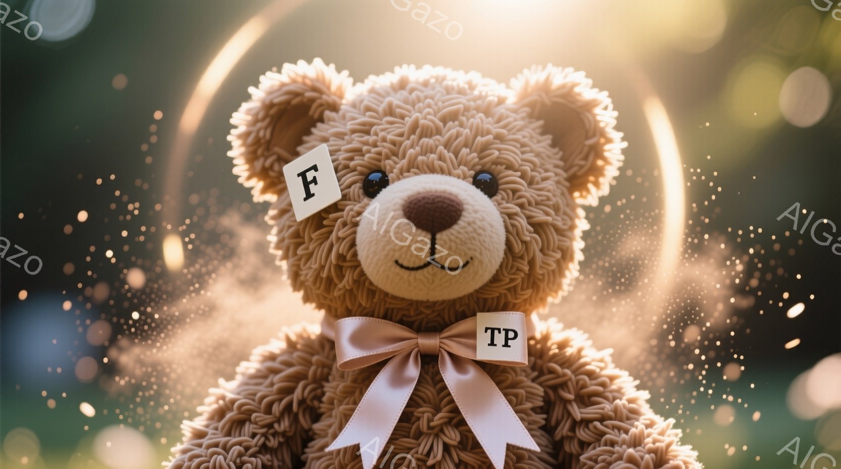 柔らかい茶色のテディベアが正面を向いて立っており、首には薄いベージュ色のリボンが結ばれています。背景はぼかされており、キラキラと輝く粒子が舞い、暖かく幻想的な雰囲気を醸し出しています。全体的に、優しい - AI生成フリー素材